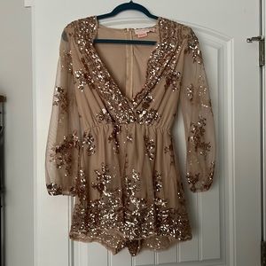 Plunge neck sparkle romper long sleeve